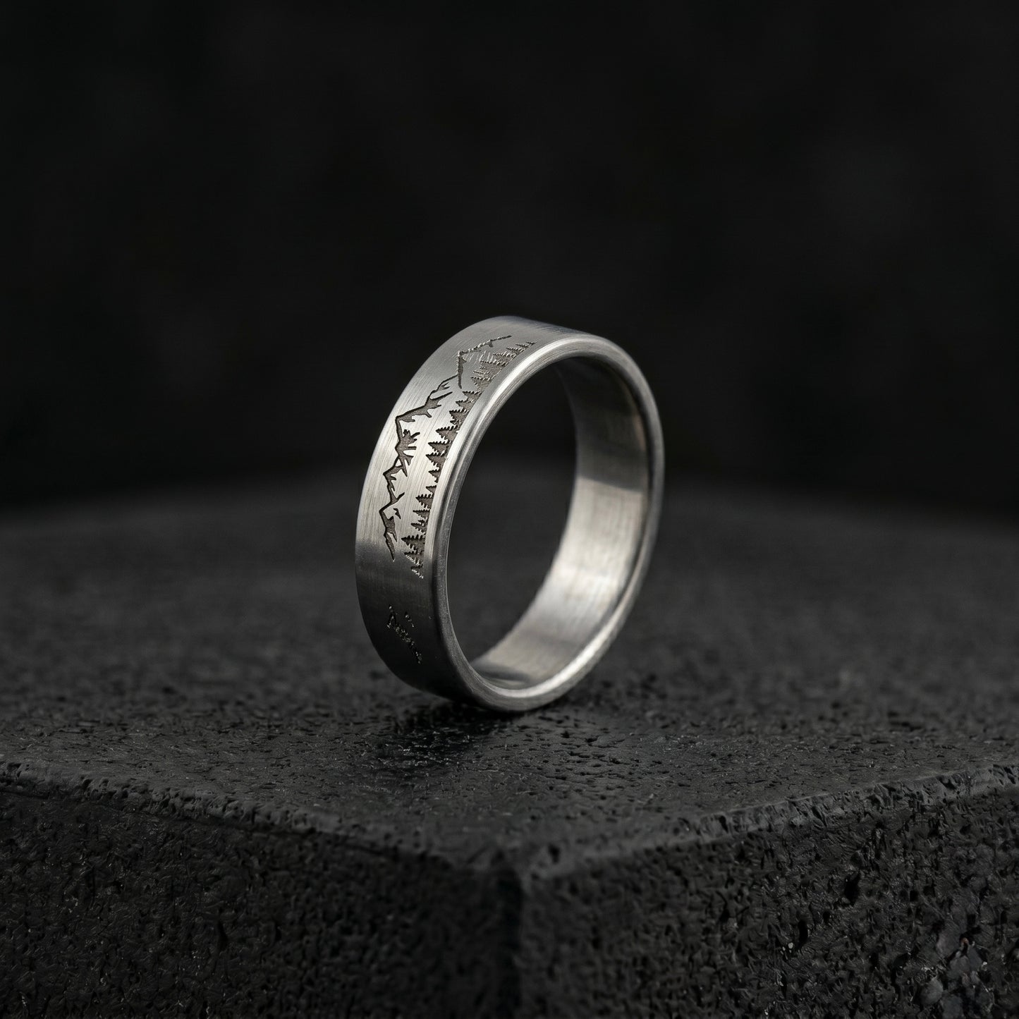 Minimalist Titanium Ring: Custom Mountain Engraving, Brushed Finish