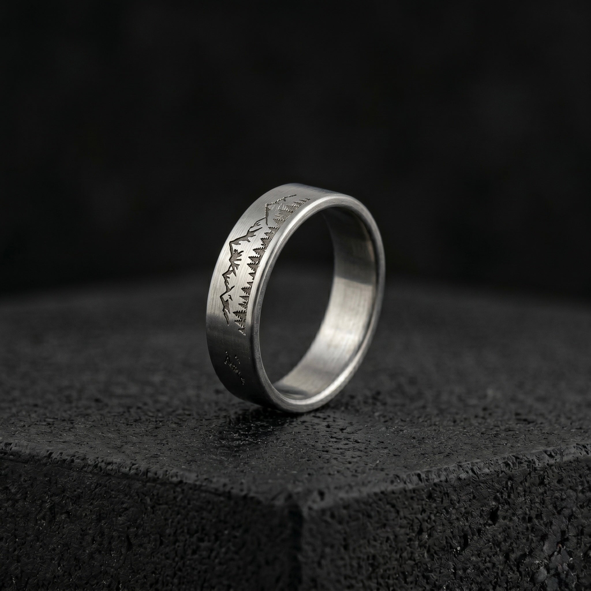 Minimalist Titanium Ring: Custom Mountain Engraving, Brushed Finish