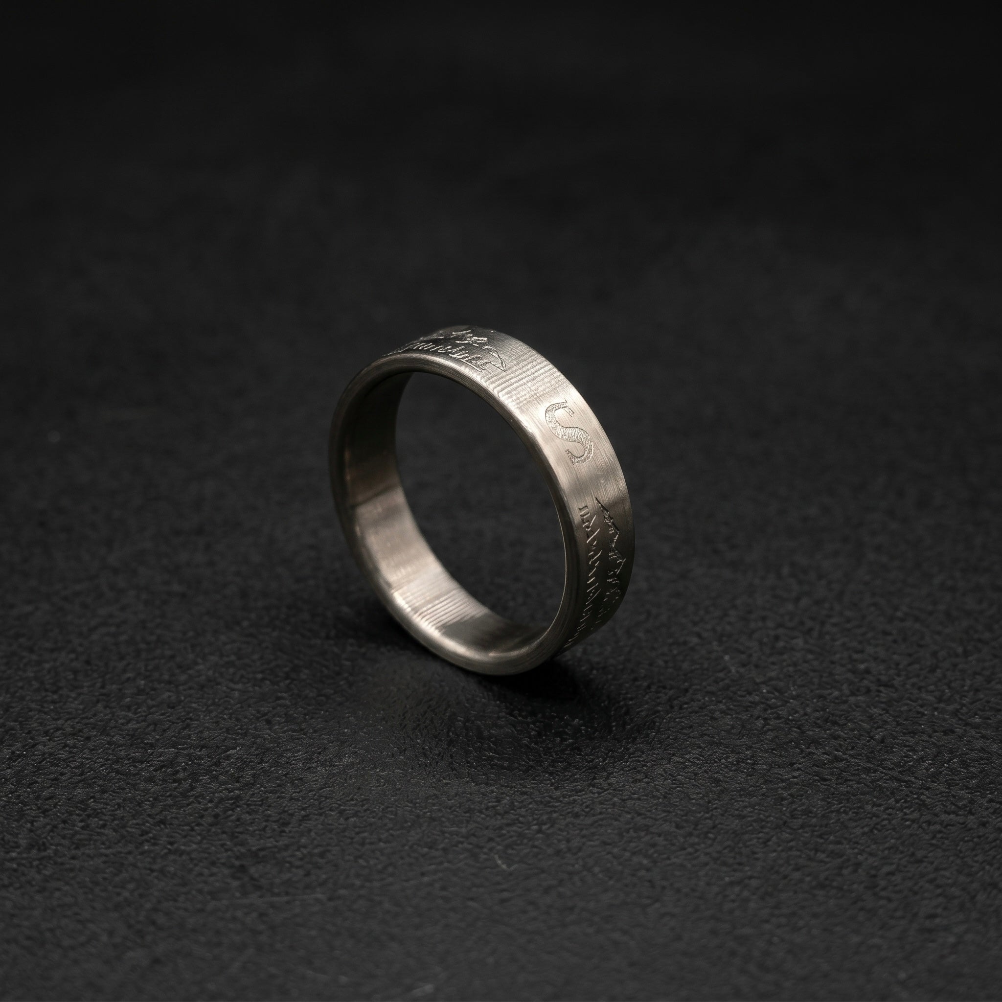 Minimalist Titanium Ring: Custom Mountain Engraving, Brushed Finish