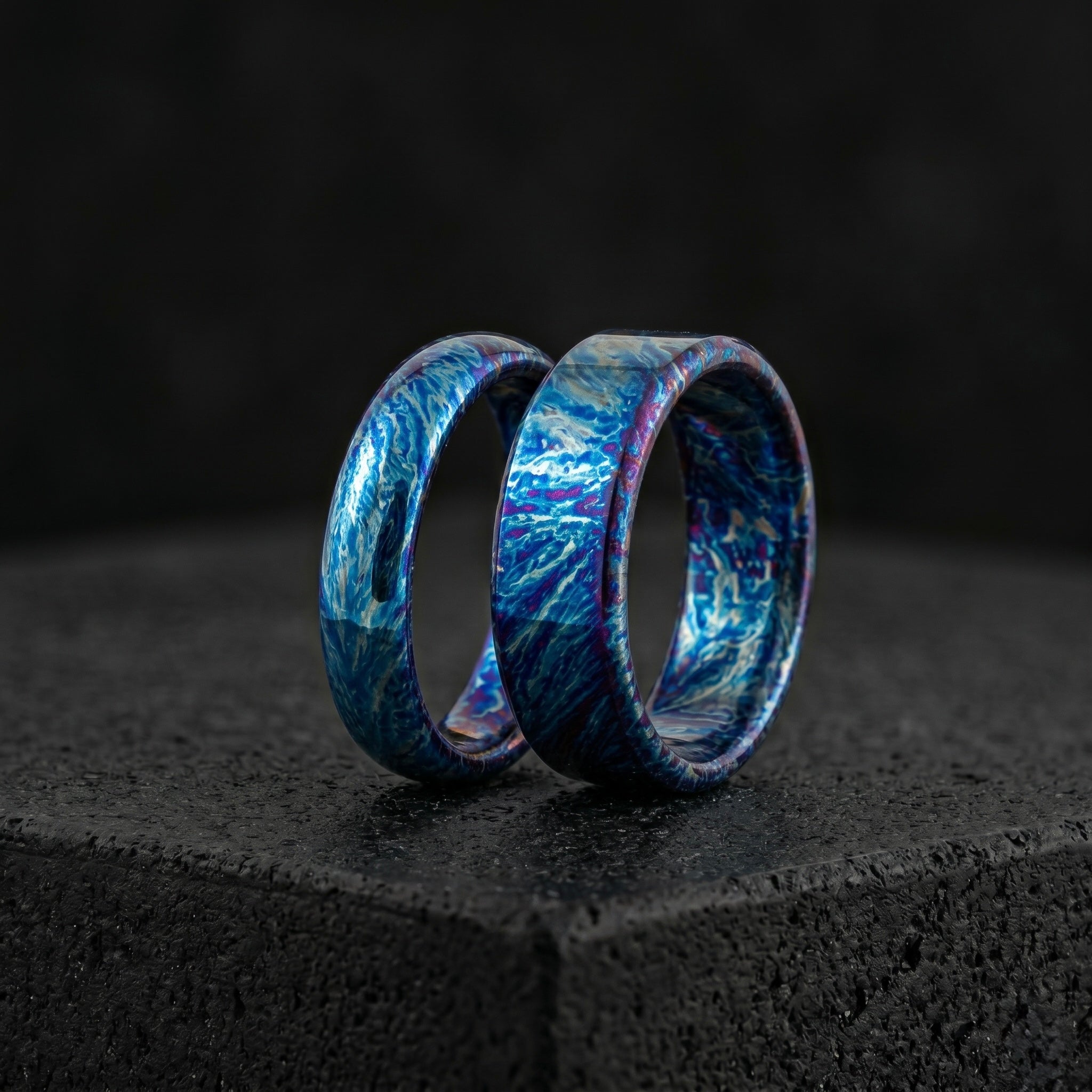 Anodized Titanium Couple Rings: Handmade Unique Pattern Anniversary Set