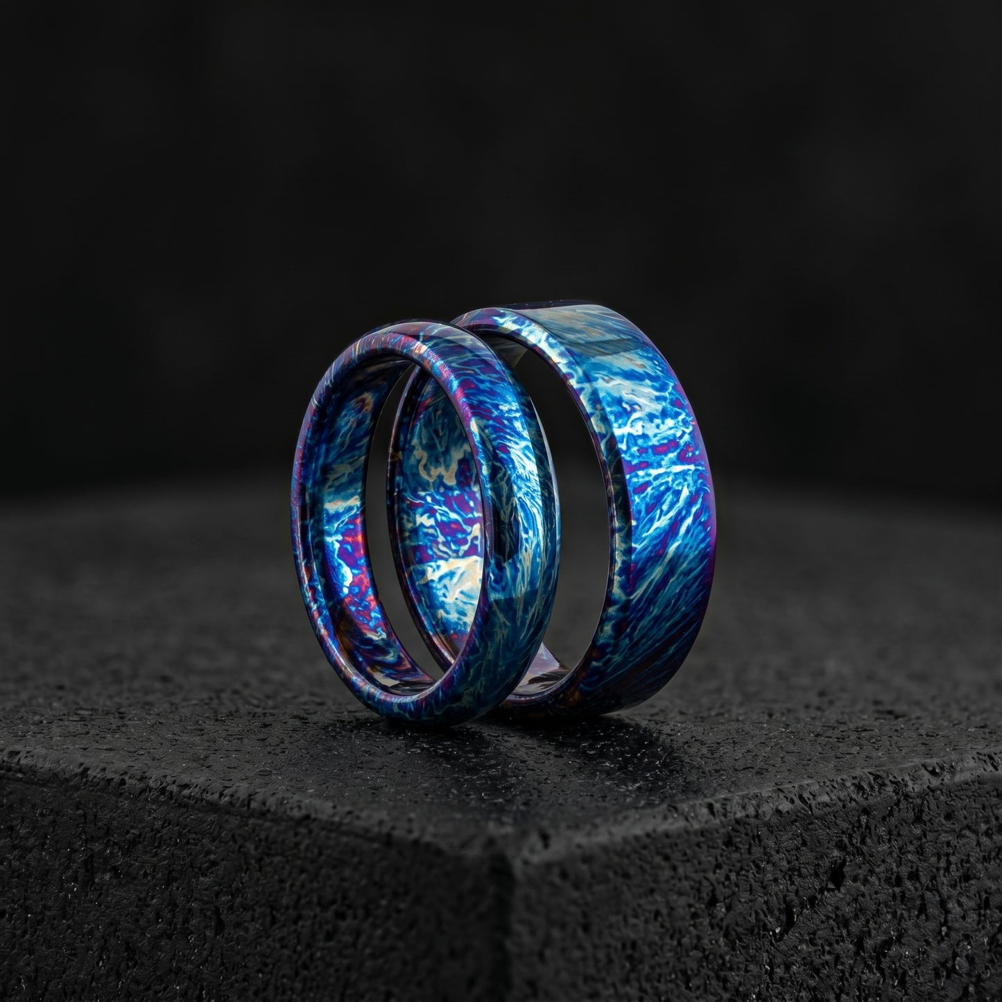 Anodized Titanium Couple Rings: Handmade Unique Pattern Anniversary Set
