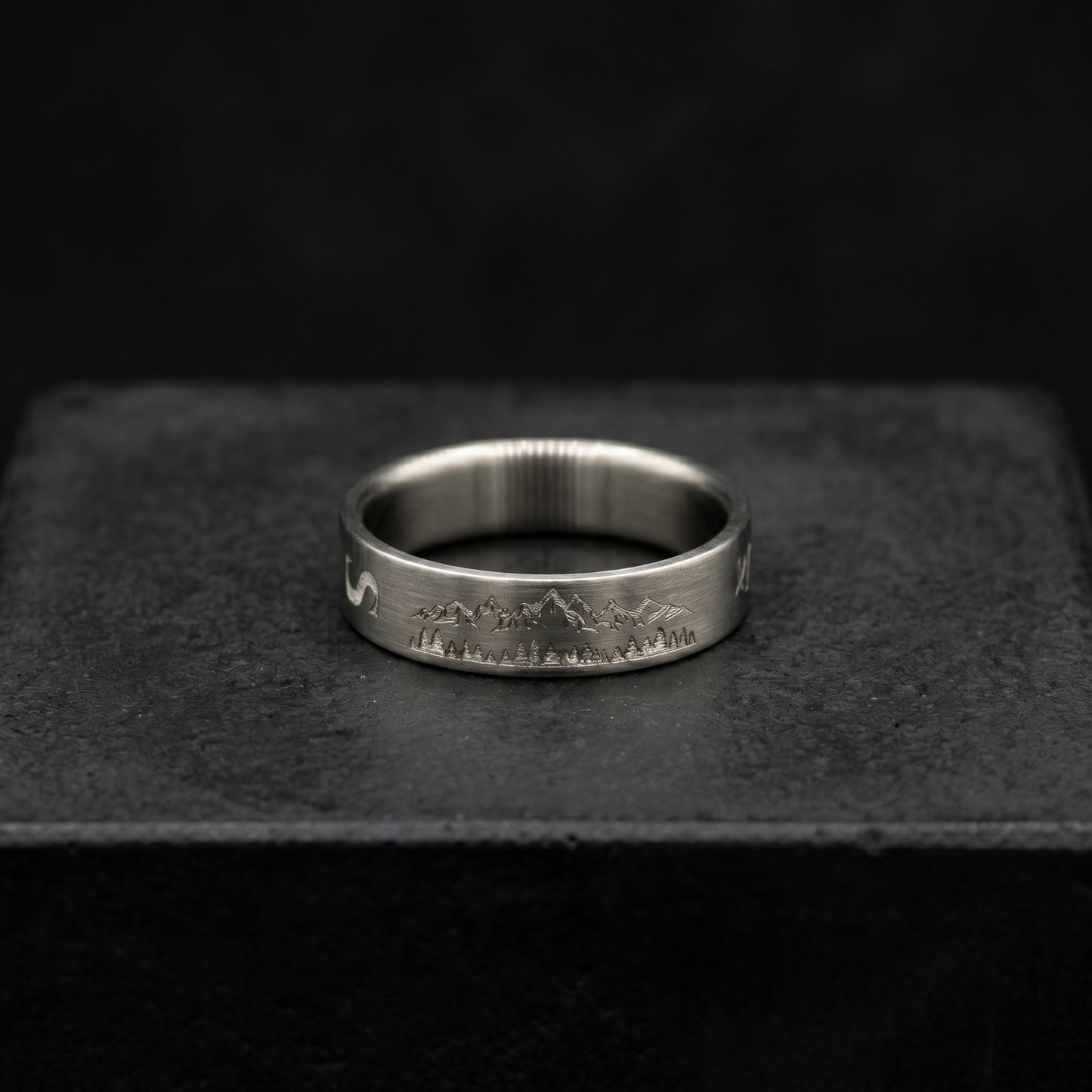 Minimalist Titanium Ring: Custom Mountain Engraving, Brushed Finish