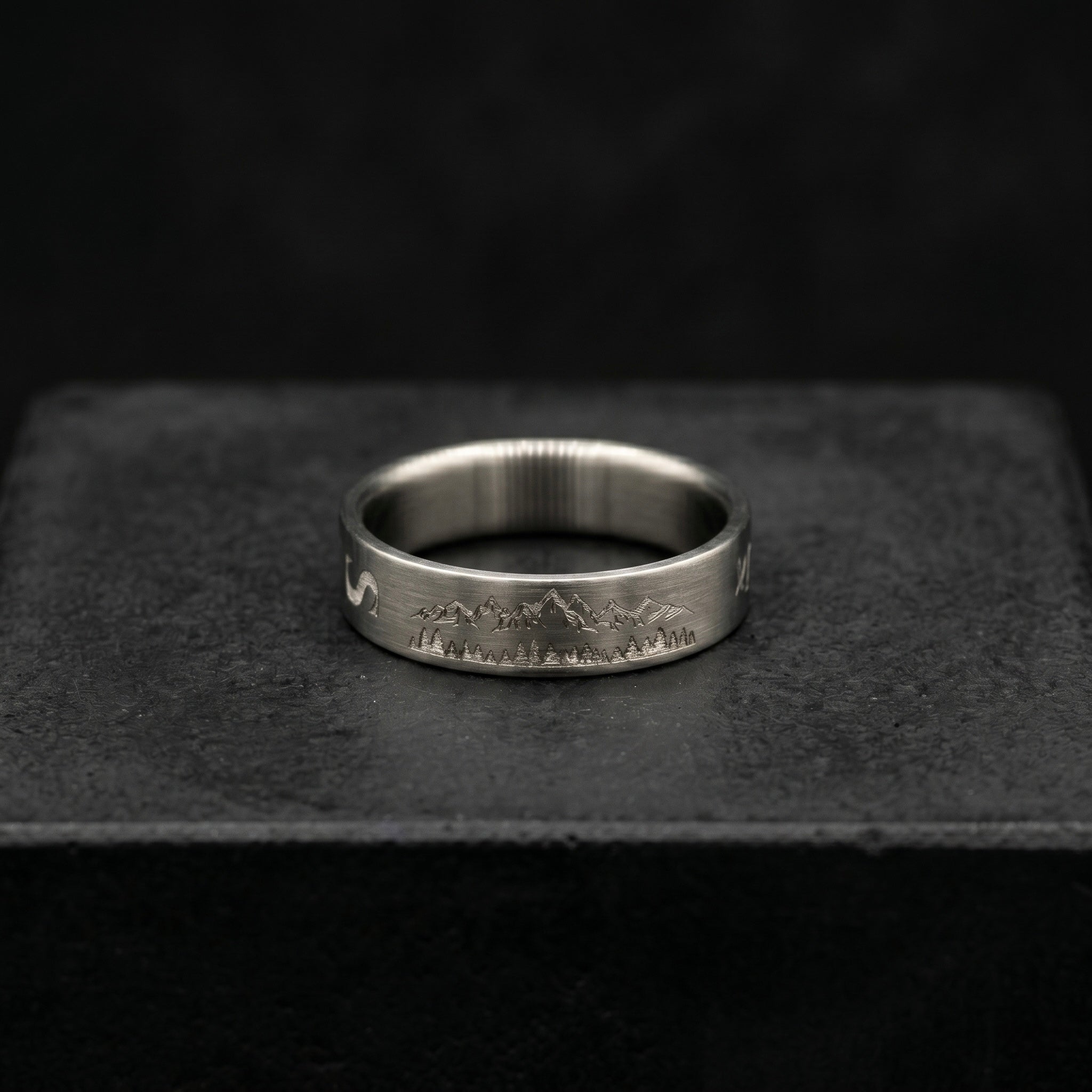 Minimalist Titanium Ring: Custom Mountain Engraving, Brushed Finish