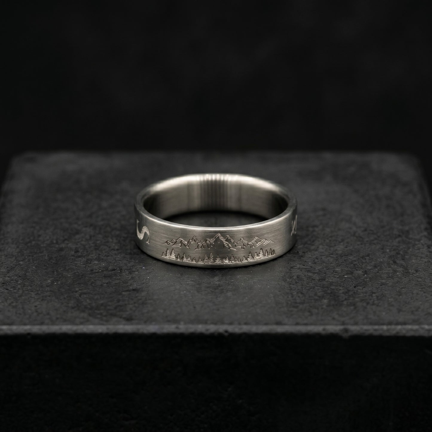 Minimalist Titanium Ring: Custom Mountain Engraving, Brushed Finish
