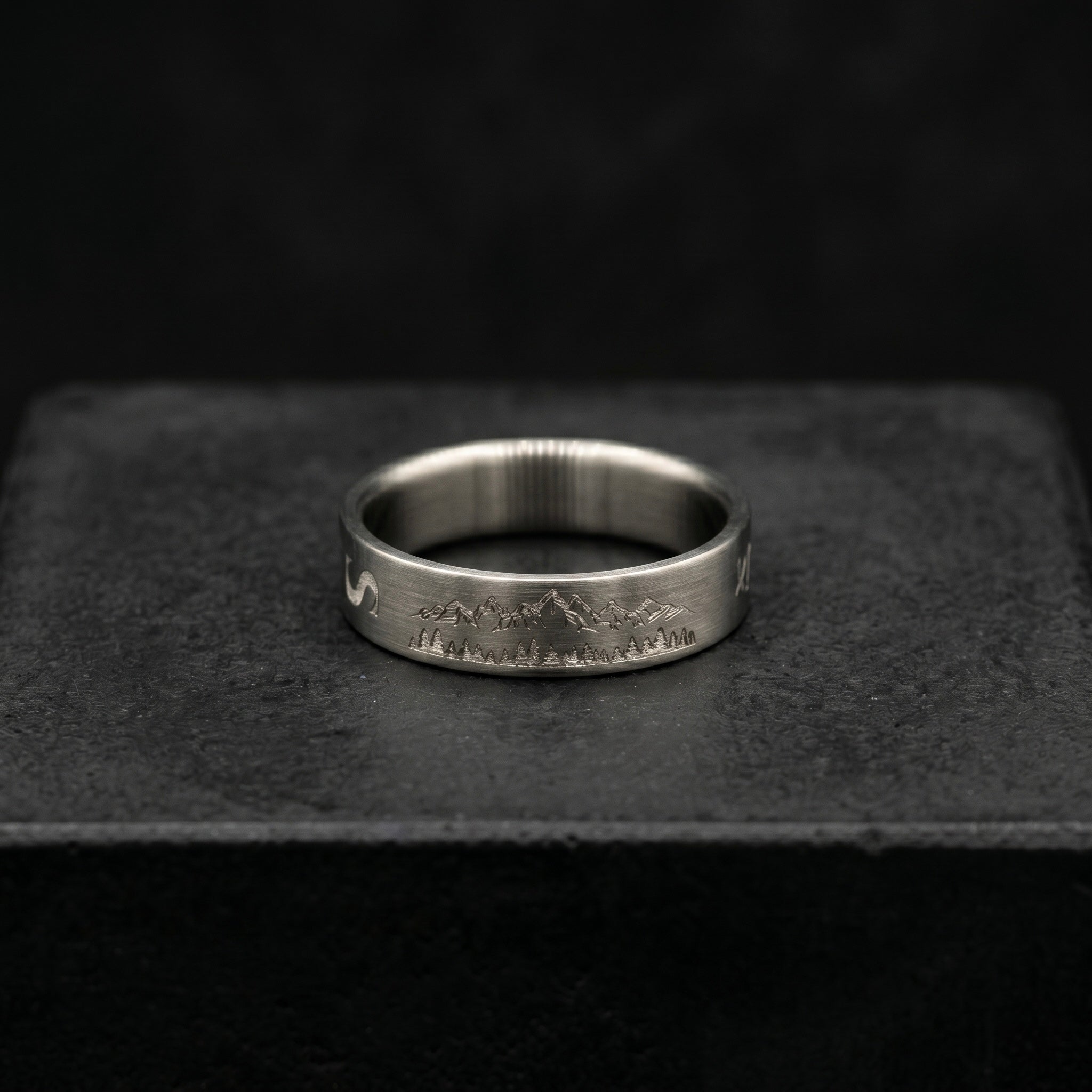 Minimalist Titanium Ring: Custom Mountain Engraving, Brushed Finish