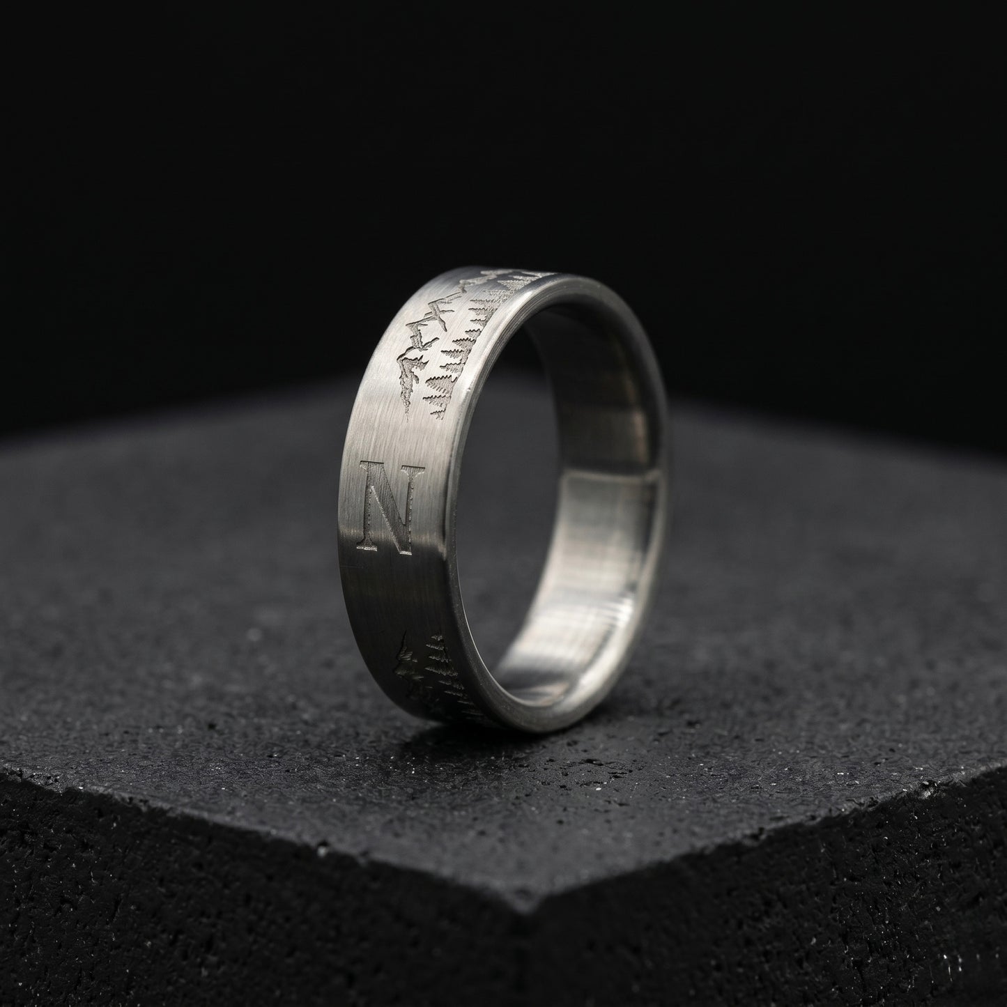 Minimalist Titanium Ring: Custom Mountain Engraving, Brushed Finish
