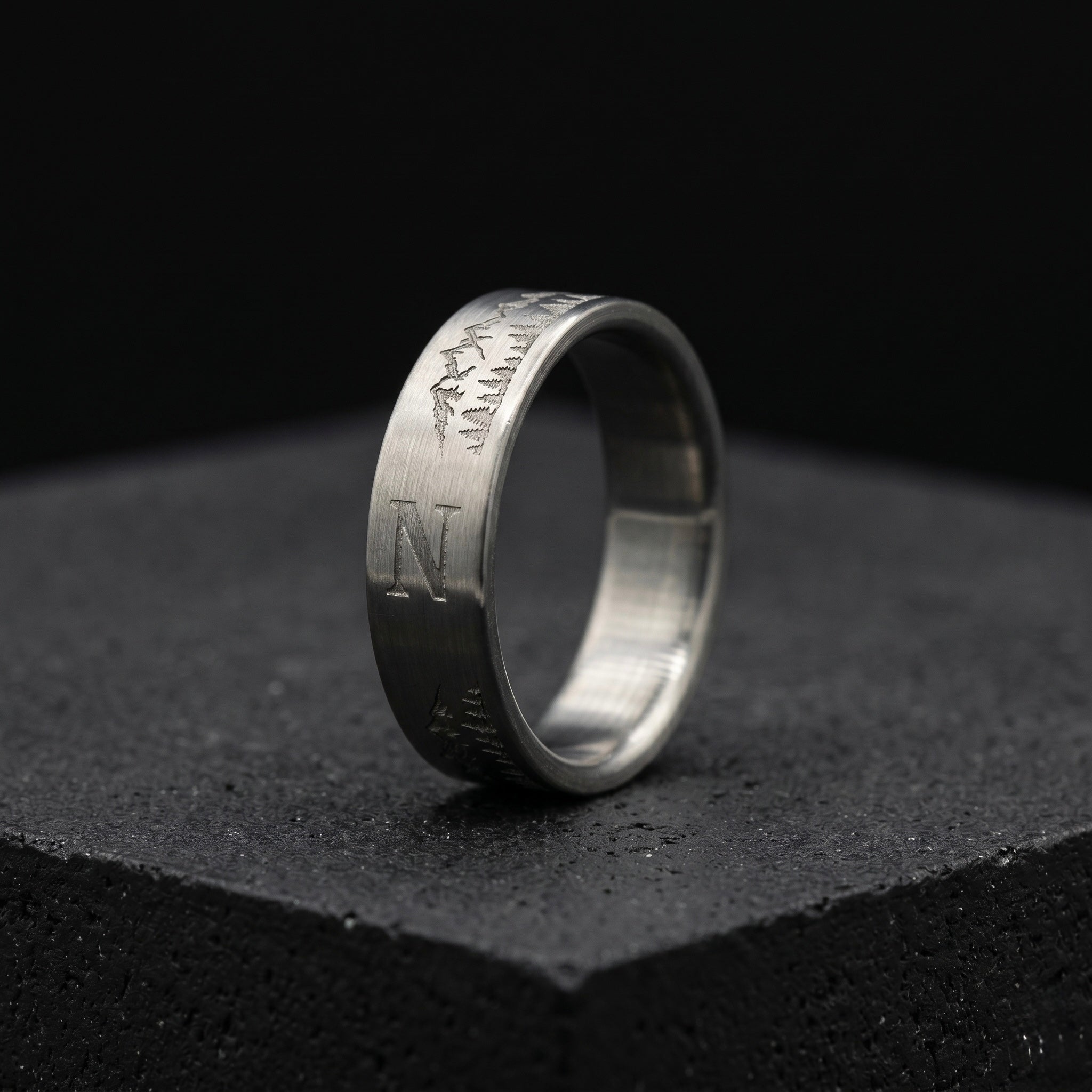 Minimalist Titanium Ring: Custom Mountain Engraving, Brushed Finish