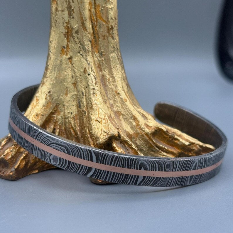 Hand Forged Damascus Steel Cuff Bracelet with Copper
