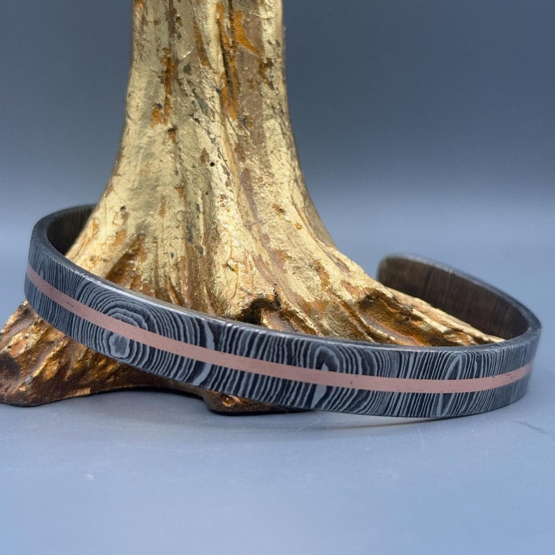 Hand Forged Damascus Steel Cuff Bracelet with Copper