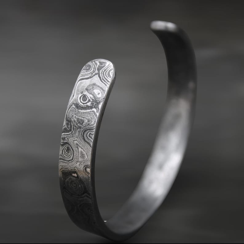 Hand Forged Damascus Steel Cuff Bracelet - Artisan Crafted Wearable Art