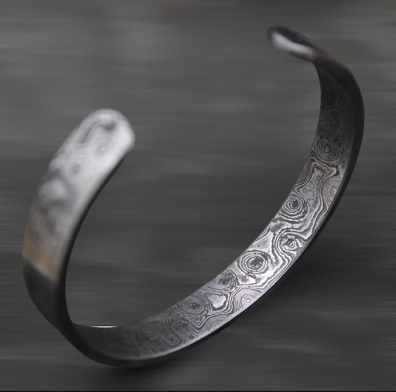 Hand Forged Damascus Steel Cuff Bracelet - Artisan Crafted Wearable Art