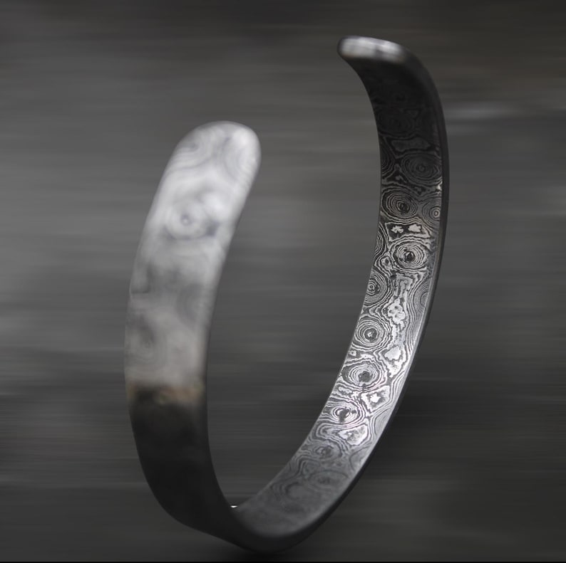 Hand Forged Damascus Steel Cuff Bracelet - Artisan Crafted Wearable Art