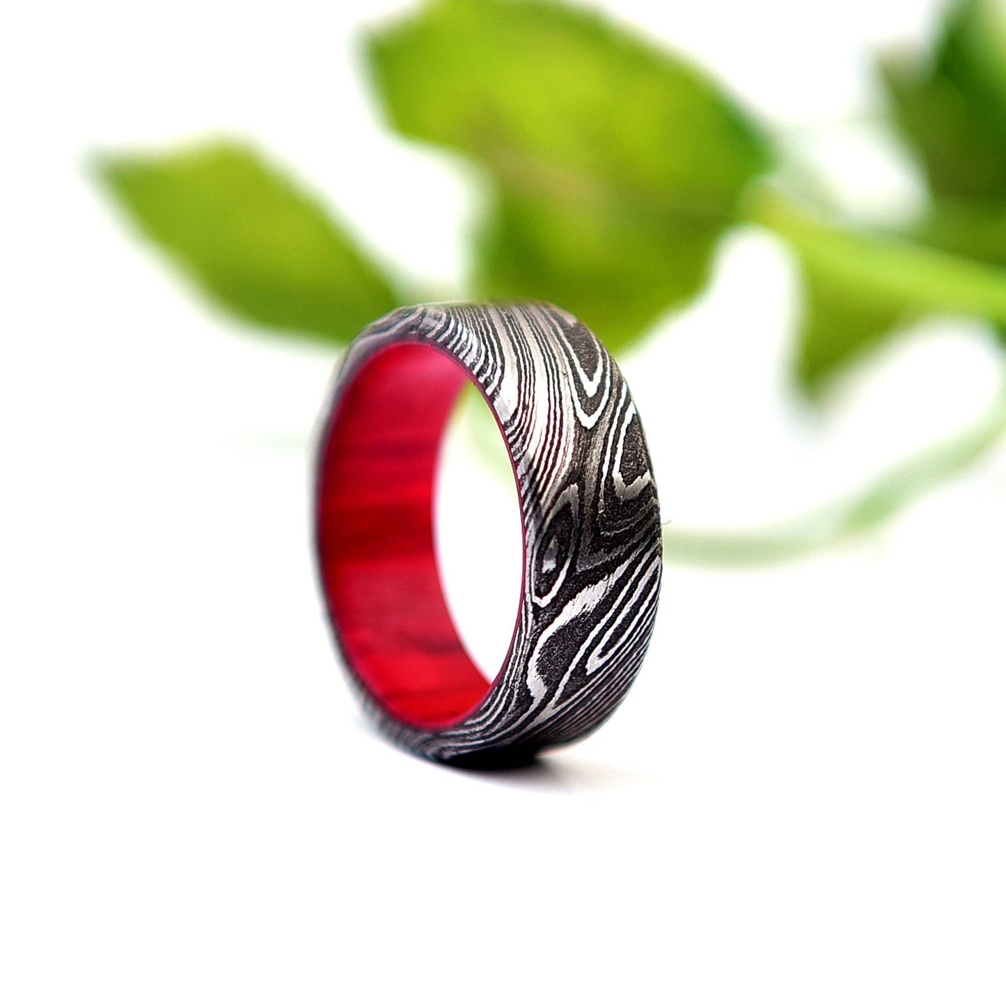 Handmade Damascus Steel & Whiskey Barrel Wood Ring: Unique Wedding Band