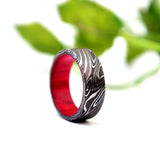 Handmade Damascus Steel & Whiskey Barrel Wood Ring: Unique Wedding Band