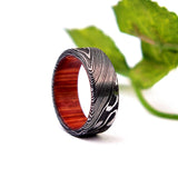 Handmade Damascus Steel & Whiskey Barrel Wood Ring: Unique Wedding Band
