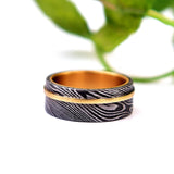 Handmade Damascus Steel Ring: Hammered Brass Inlay Wedding Band