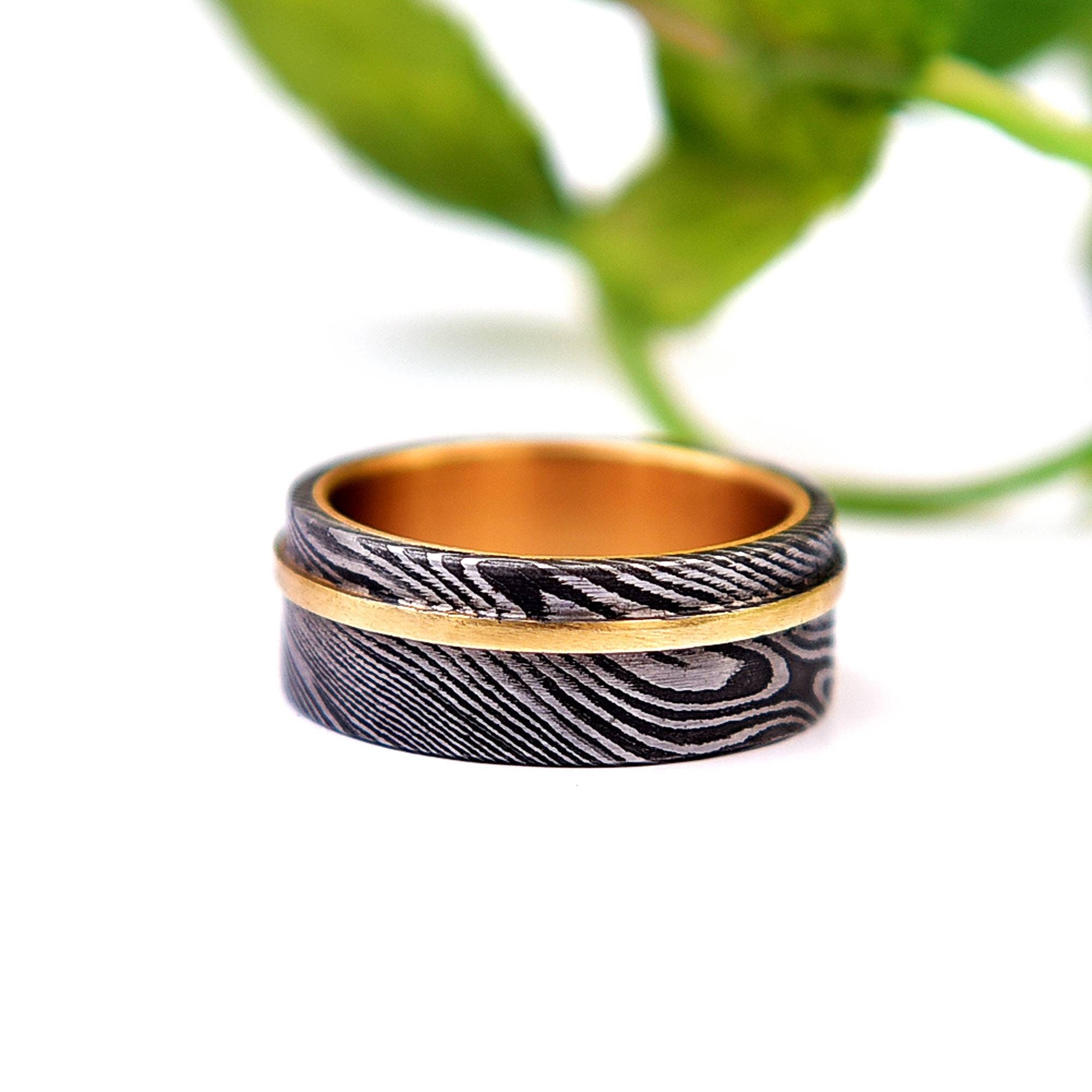 Handmade Damascus Steel Ring: Hammered Brass Inlay Wedding Band