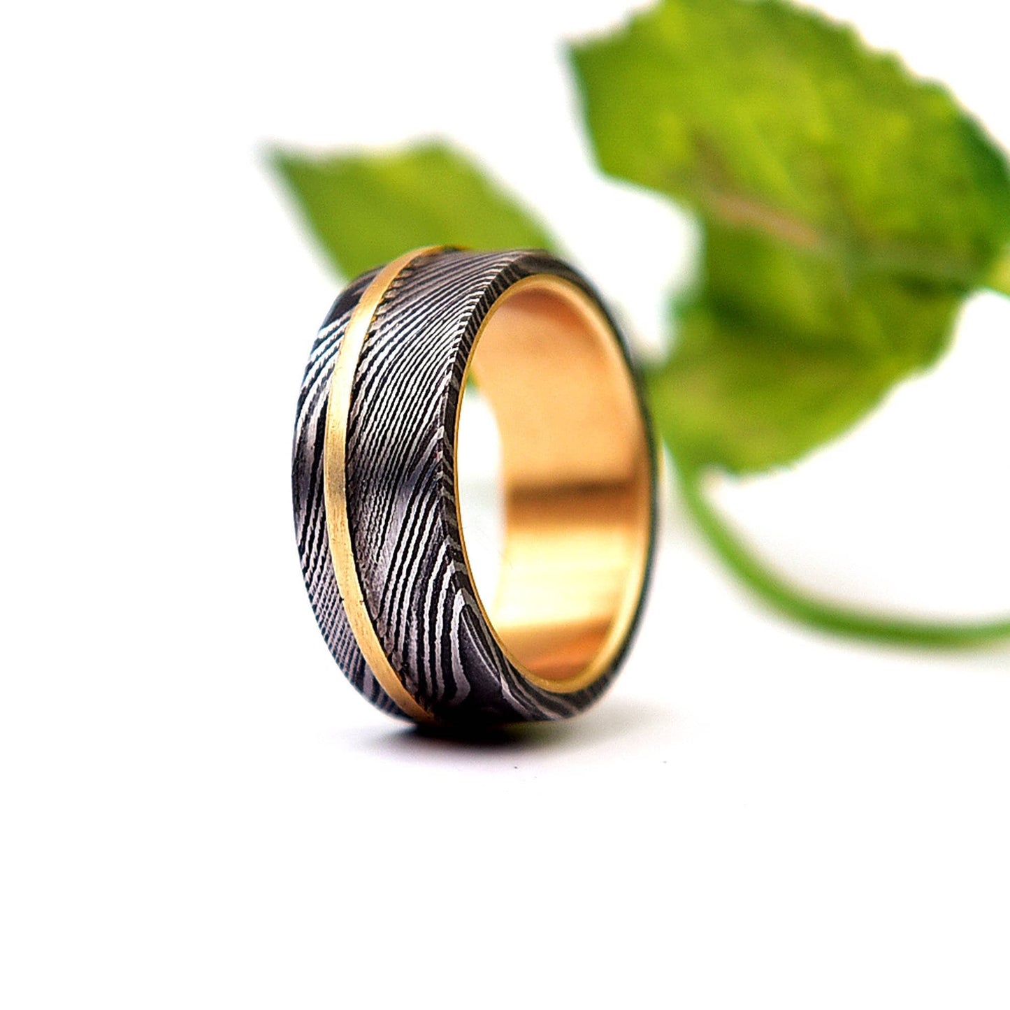 Handmade Damascus Steel Ring: Hammered Brass Inlay Wedding Band