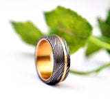 Handmade Damascus Steel Ring: Hammered Brass Inlay Wedding Band