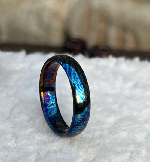 Titanium Couple Ring Set: Heat Anodized, Unique Pattern Wedding Bands