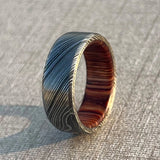 Handmade Damascus Steel Ring with Whisky Barrel Wood Inlay