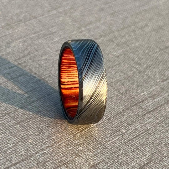Handmade Damascus Steel Ring with Whisky Barrel Wood Inlay