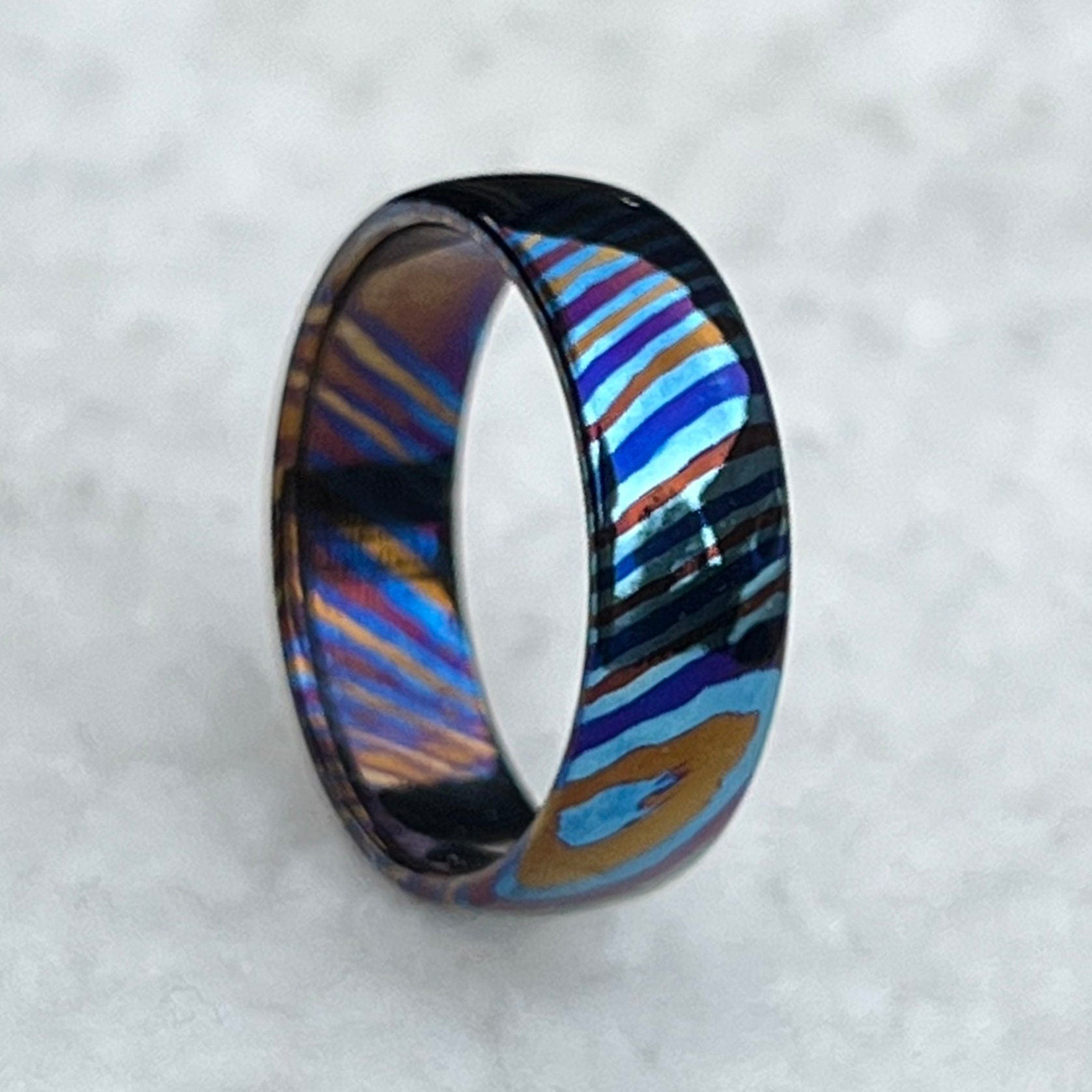 Domed Timascus Ring: Colorful Steel Wedding Band