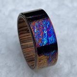 Handmade Titanium Wedding Band: Whiskey Barrel Wood Inlay, Unique Pattern