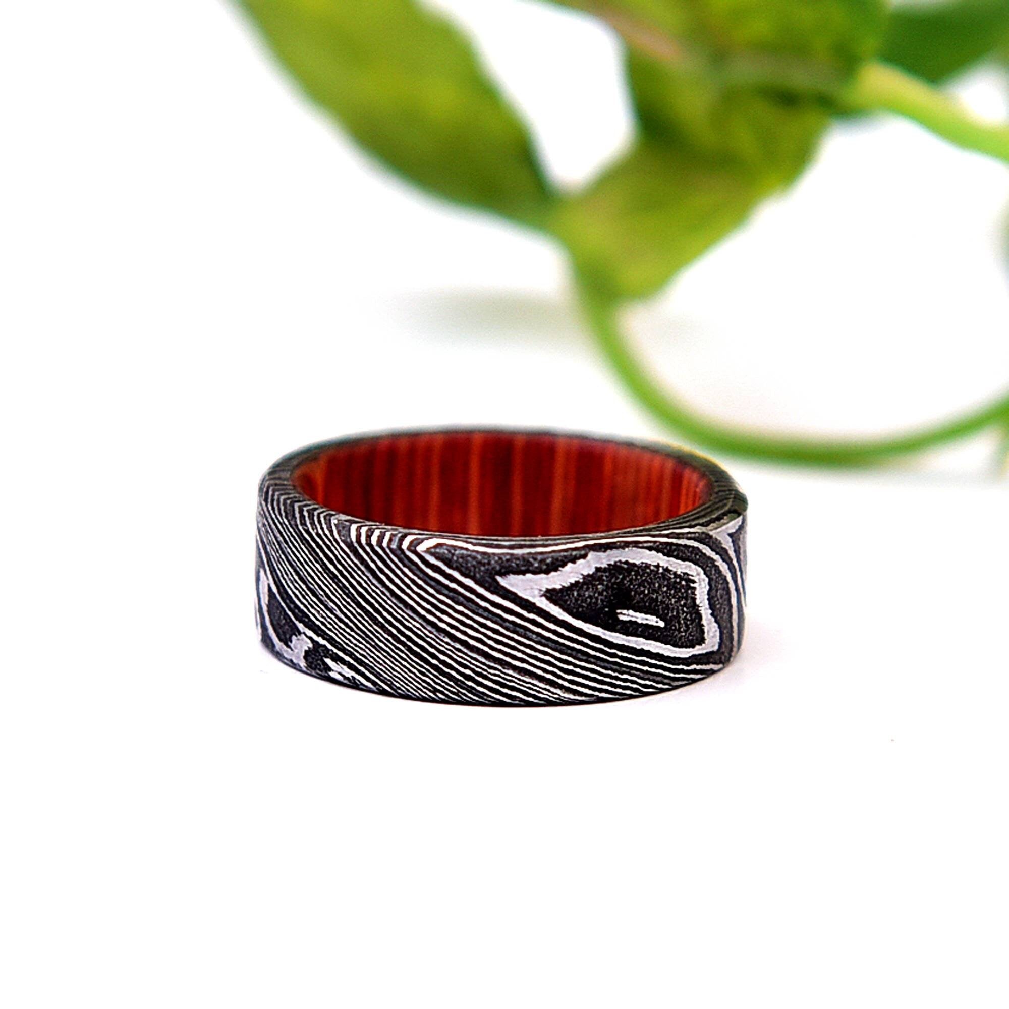 Handmade Damascus Steel & Whiskey Barrel Wood Ring: Unique Wedding Band