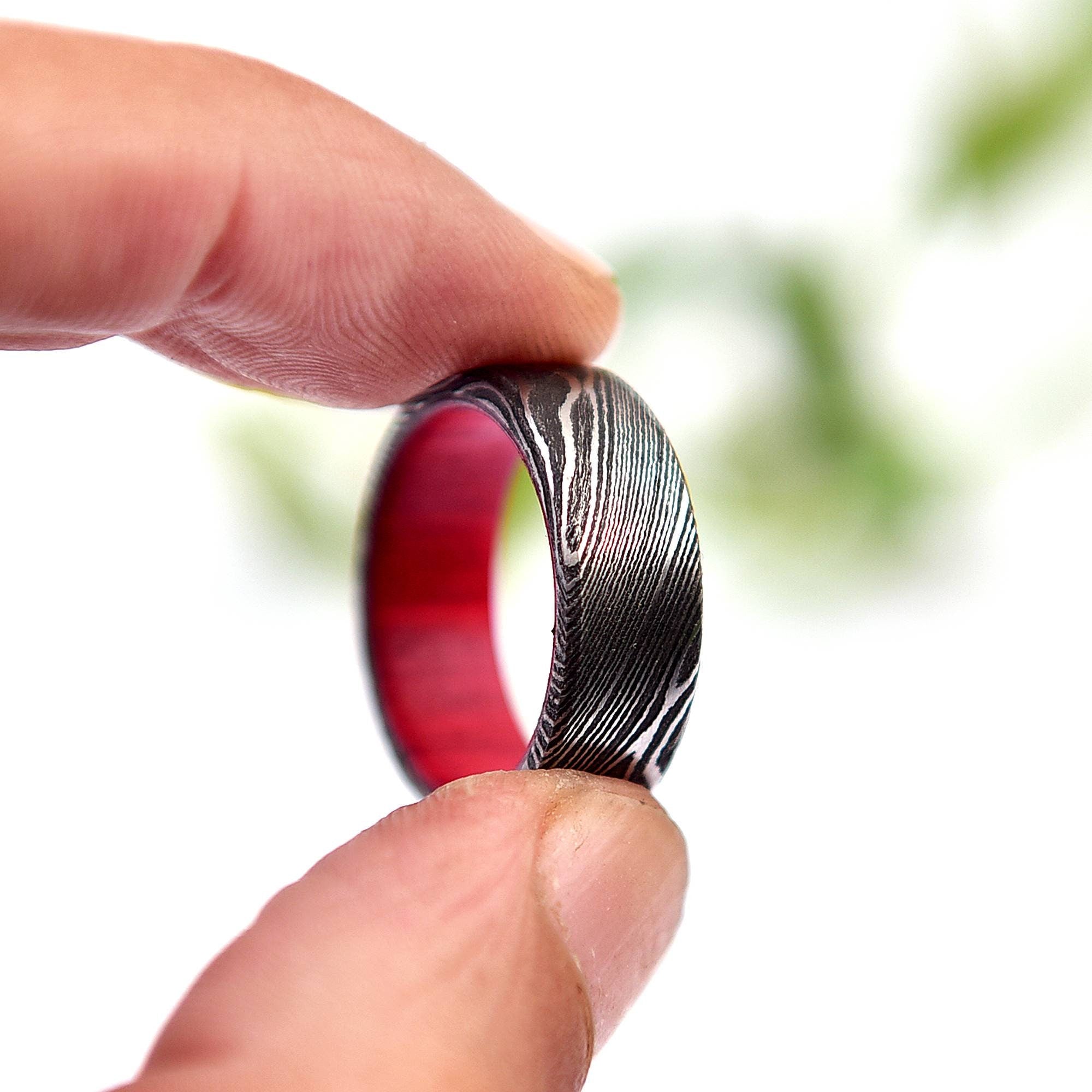 Handmade Damascus Steel & Whiskey Barrel Wood Ring: Unique Wedding Band