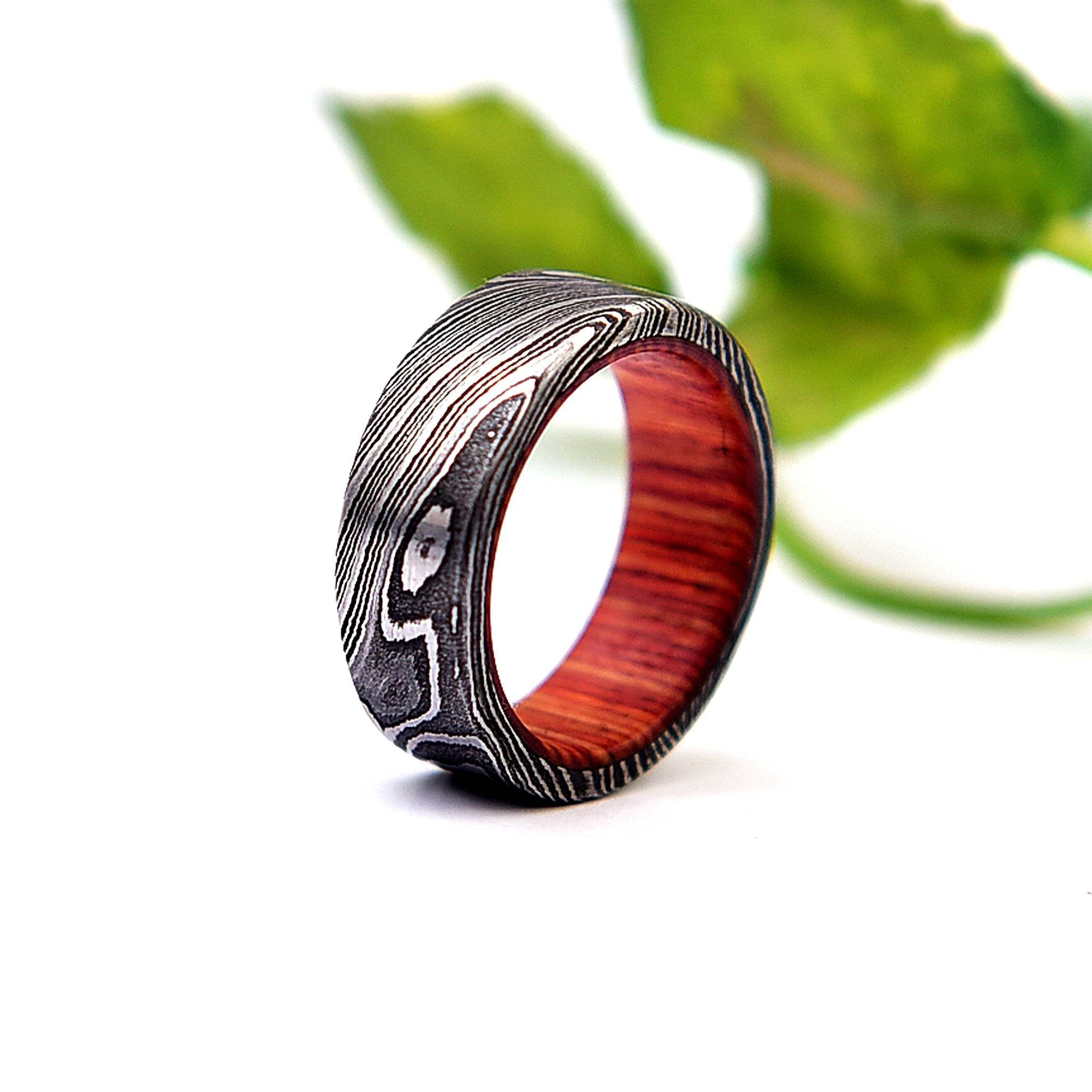 Handmade Damascus Steel & Whiskey Barrel Wood Ring: Unique Wedding Band