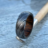 Damascus Steel Ring: Whiskey Barrel Wood Inlay, Handmade Wedding Band