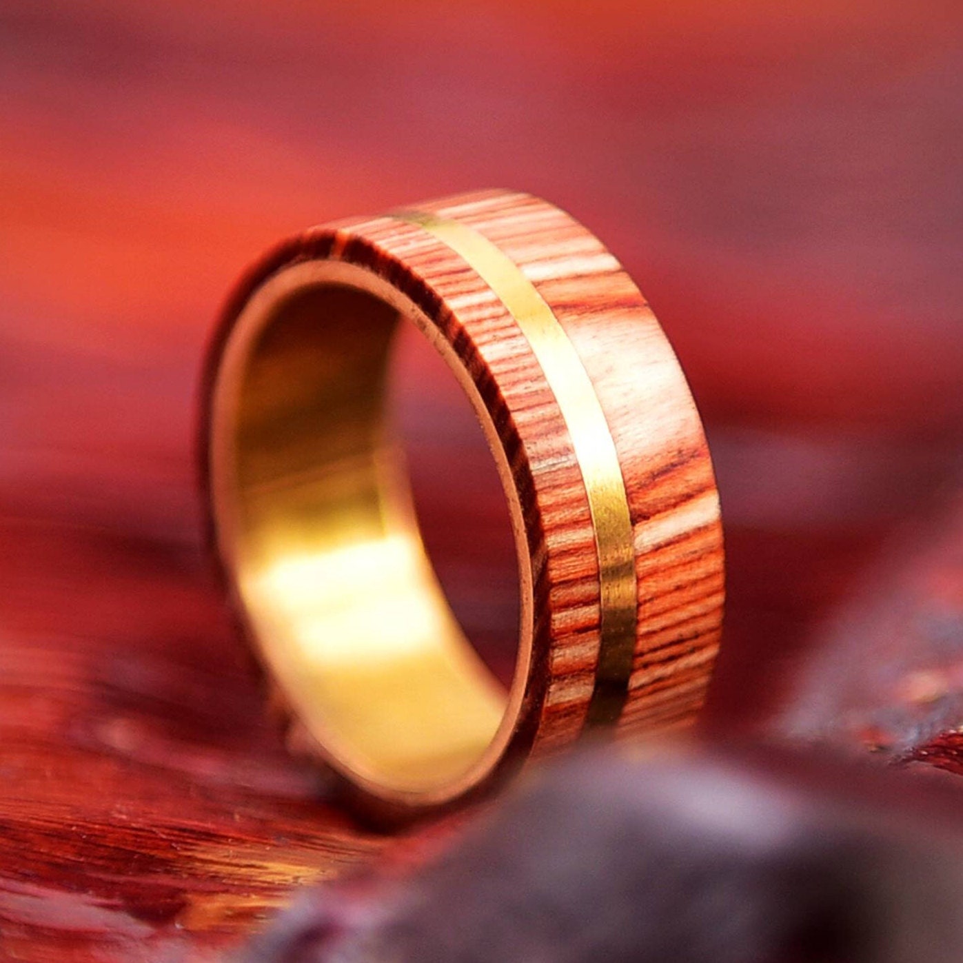 Handmade Whiskey Barrel Wood Ring with Brass Inlay - Unique Wedding Band