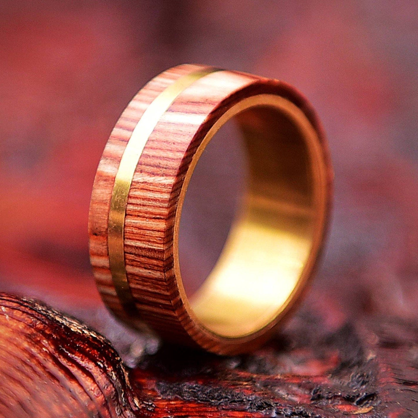 Handmade Whiskey Barrel Wood Ring with Brass Inlay - Unique Wedding Band
