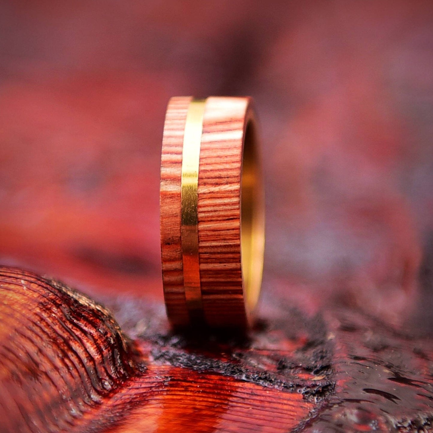 Handmade Whiskey Barrel Wood Ring with Brass Inlay - Unique Wedding Band