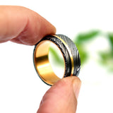 Handmade Damascus Steel Ring: Hammered Brass Inlay Wedding Band