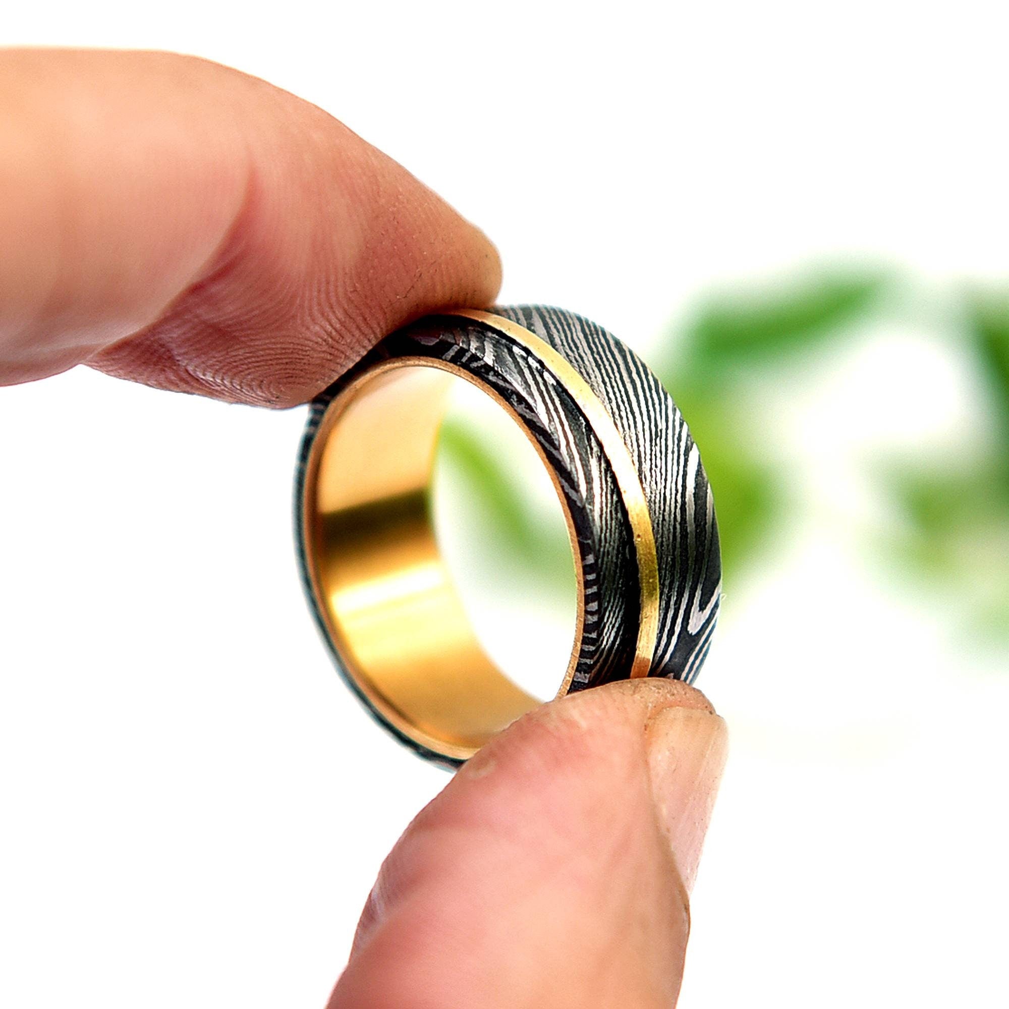 Handmade Damascus Steel Ring: Hammered Brass Inlay Wedding Band