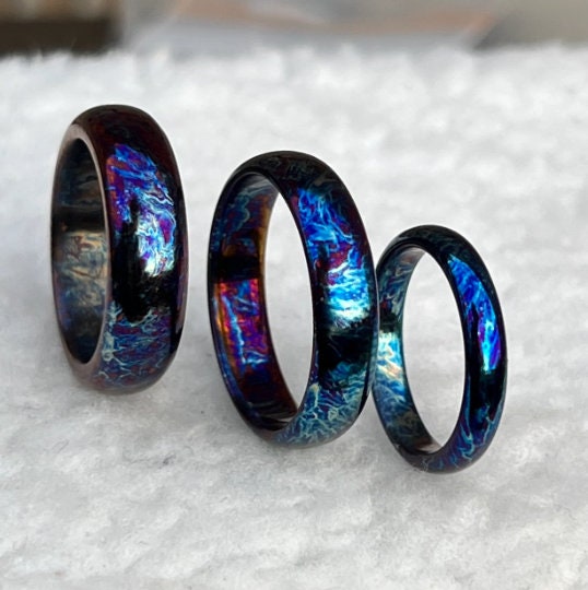Titanium Couple Ring Set: Heat Anodized, Unique Pattern Wedding Bands