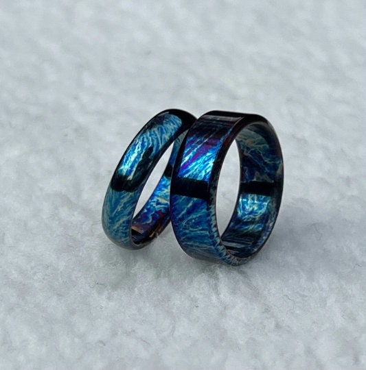 Titanium Couple Ring Set: Heat Anodized, Unique Pattern Wedding Bands