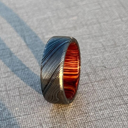 Handmade Damascus Steel Ring with Whisky Barrel Wood Inlay
