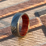 Handmade Damascus Steel Ring with Whisky Barrel Wood Inlay
