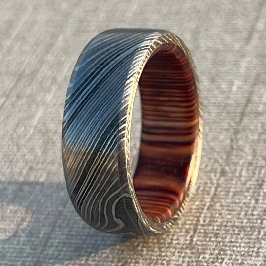 Handmade Damascus Steel Ring with Whisky Barrel Wood Inlay