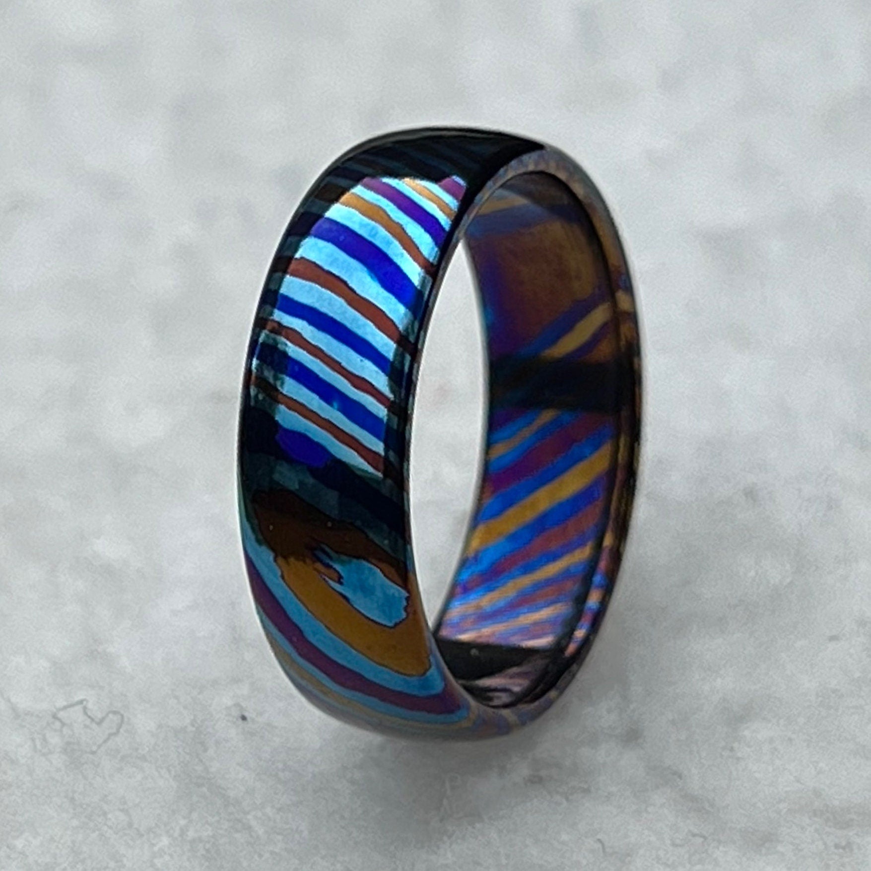 Domed Timascus Ring: Colorful Steel Wedding Band