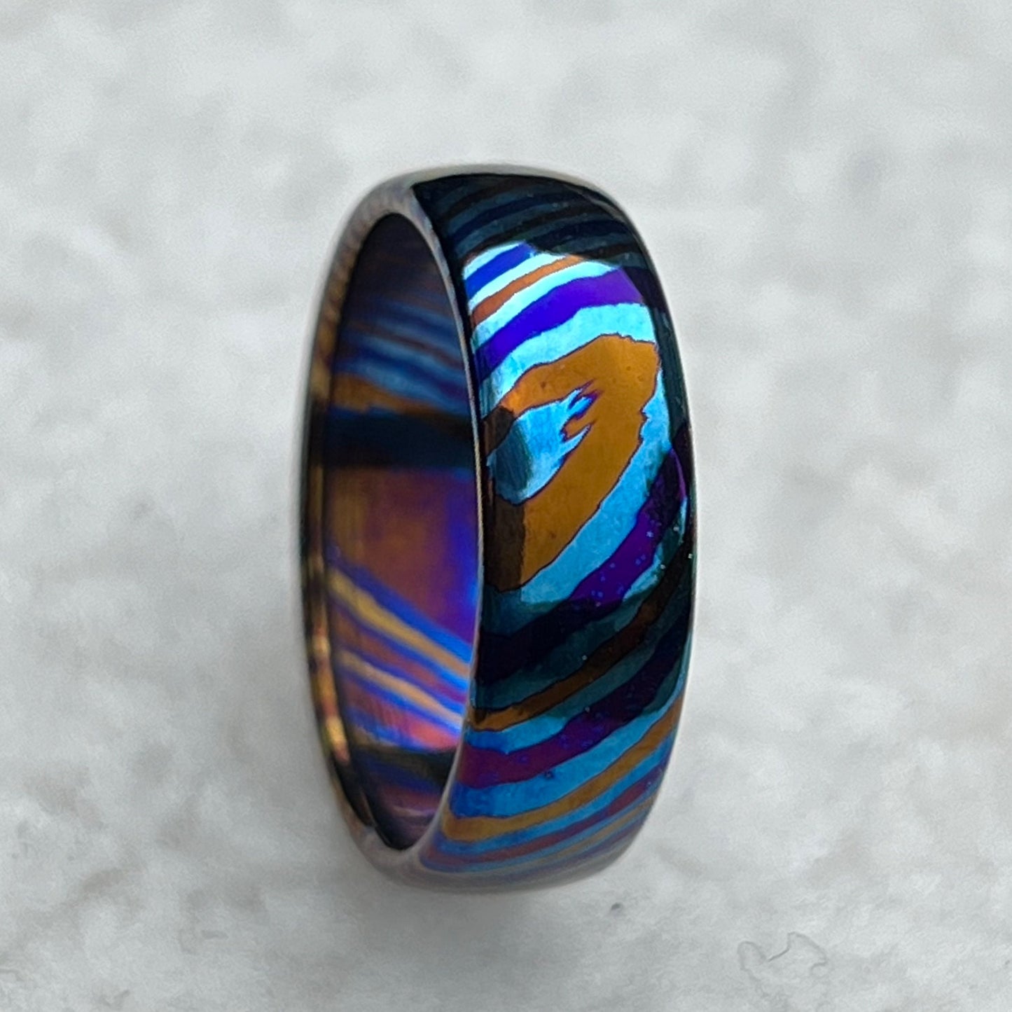 Domed Timascus Ring: Colorful Steel Wedding Band