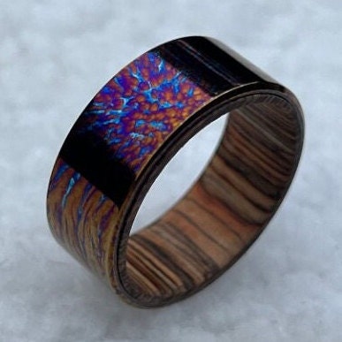 Handmade Titanium Wedding Band: Whiskey Barrel Wood Inlay, Unique Pattern