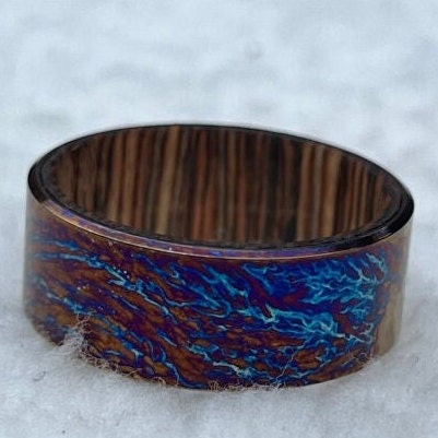 Handmade Titanium Wedding Band: Whiskey Barrel Wood Inlay, Unique Pattern