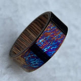 Handmade Titanium Wedding Band: Whiskey Barrel Wood Inlay, Unique Pattern