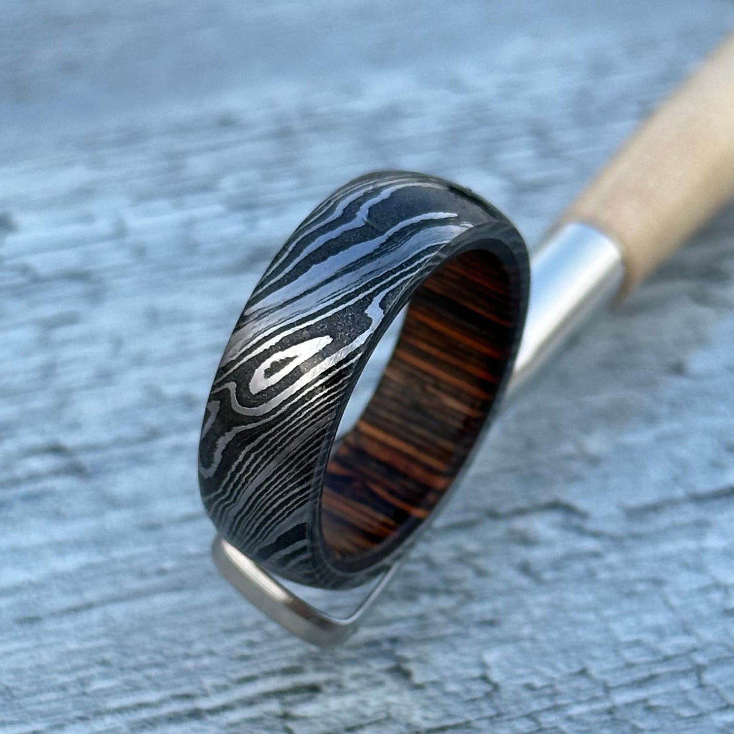 Damascus Steel Ring: Whiskey Barrel Wood Inlay, Handmade Wedding Band