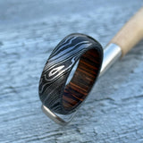 Damascus Steel Ring: Whiskey Barrel Wood Inlay, Handmade Wedding Band