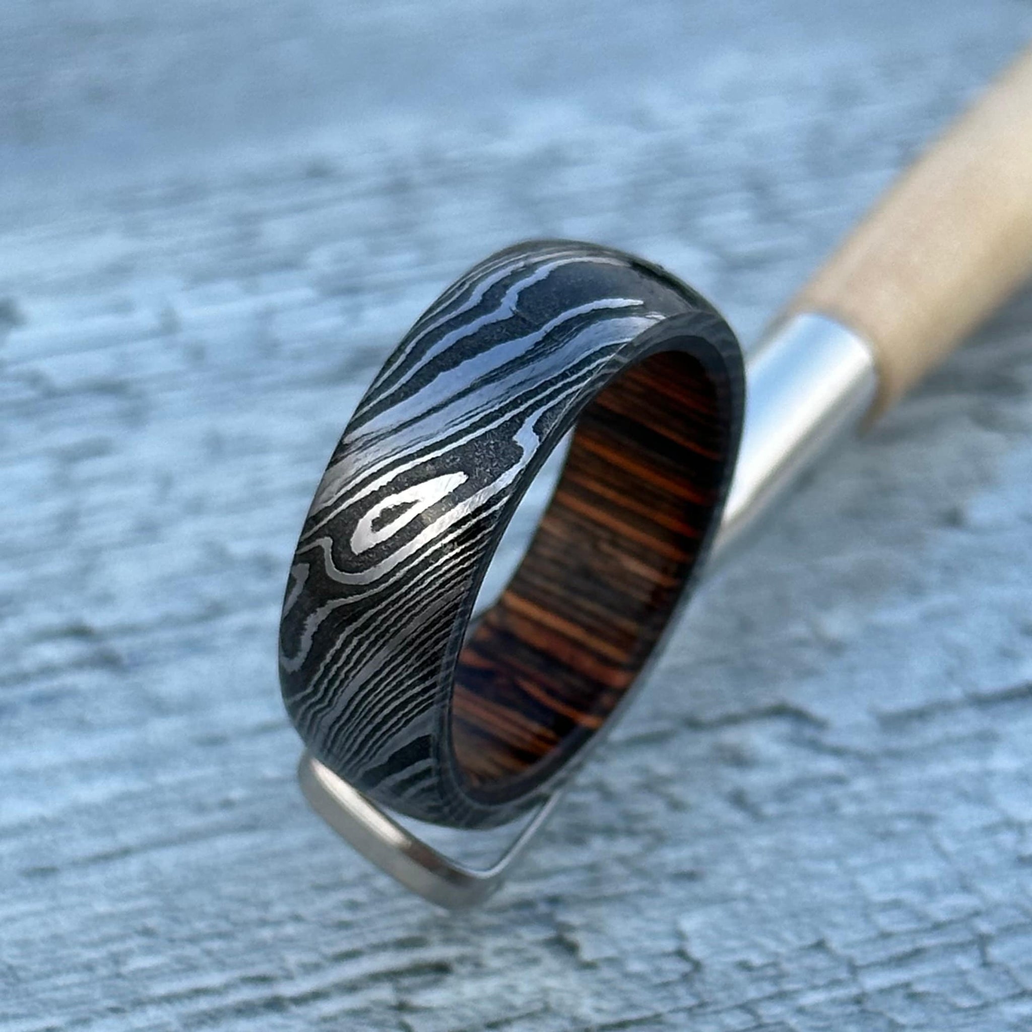 Damascus Steel Ring: Whiskey Barrel Wood Inlay, Handmade Wedding Band